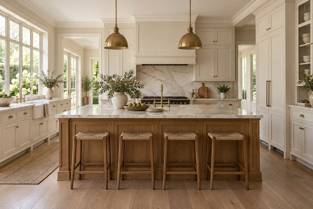 Design inspiration: Ivory shaker kitchen cabinets, an oak island and pale marble worktops