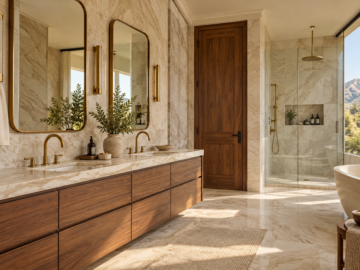 Feature walls, bathroom surfaces and fireplace surrounds with carefully resolved stone details.