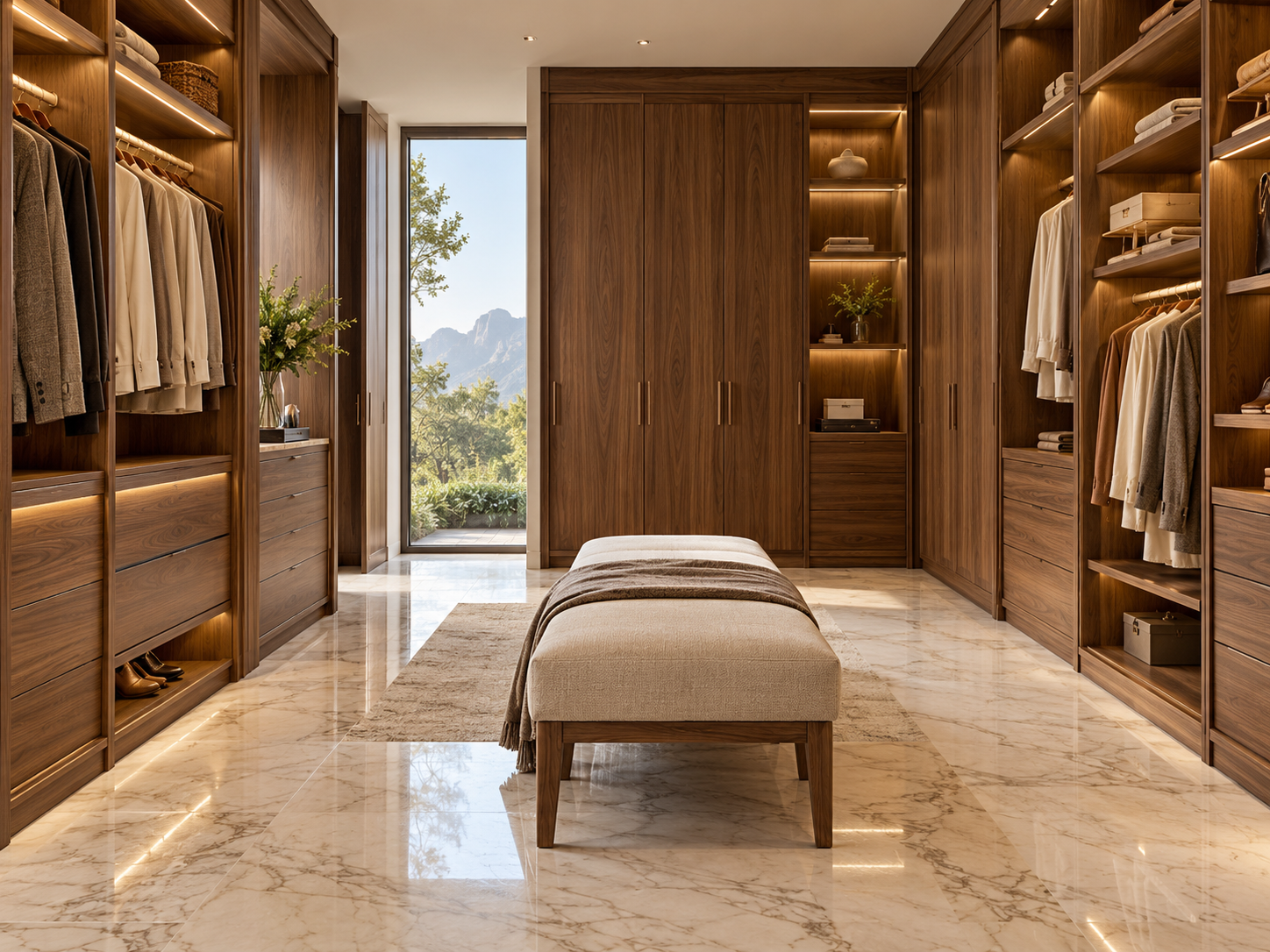 Walnut wardrobes with fitted shelves and drawers